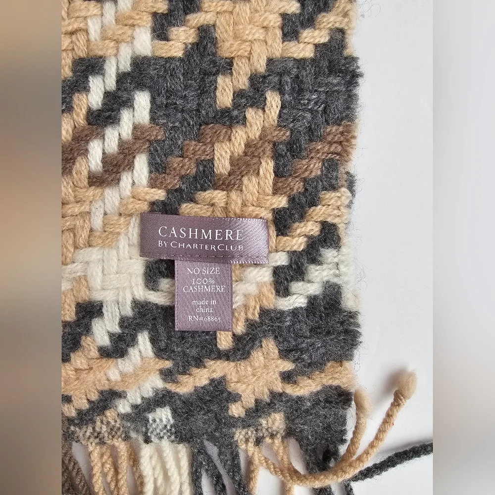 Charter Club 100% Cashmere Scarf Basketweave Houndstooth Neutral Plaid Fringe